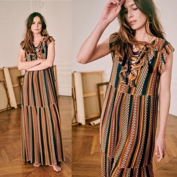 Sezane Dress Dolores Sleeveless Striped Ruffle Maxi Prairie Maya 36 EUC - Picture 7 of 8